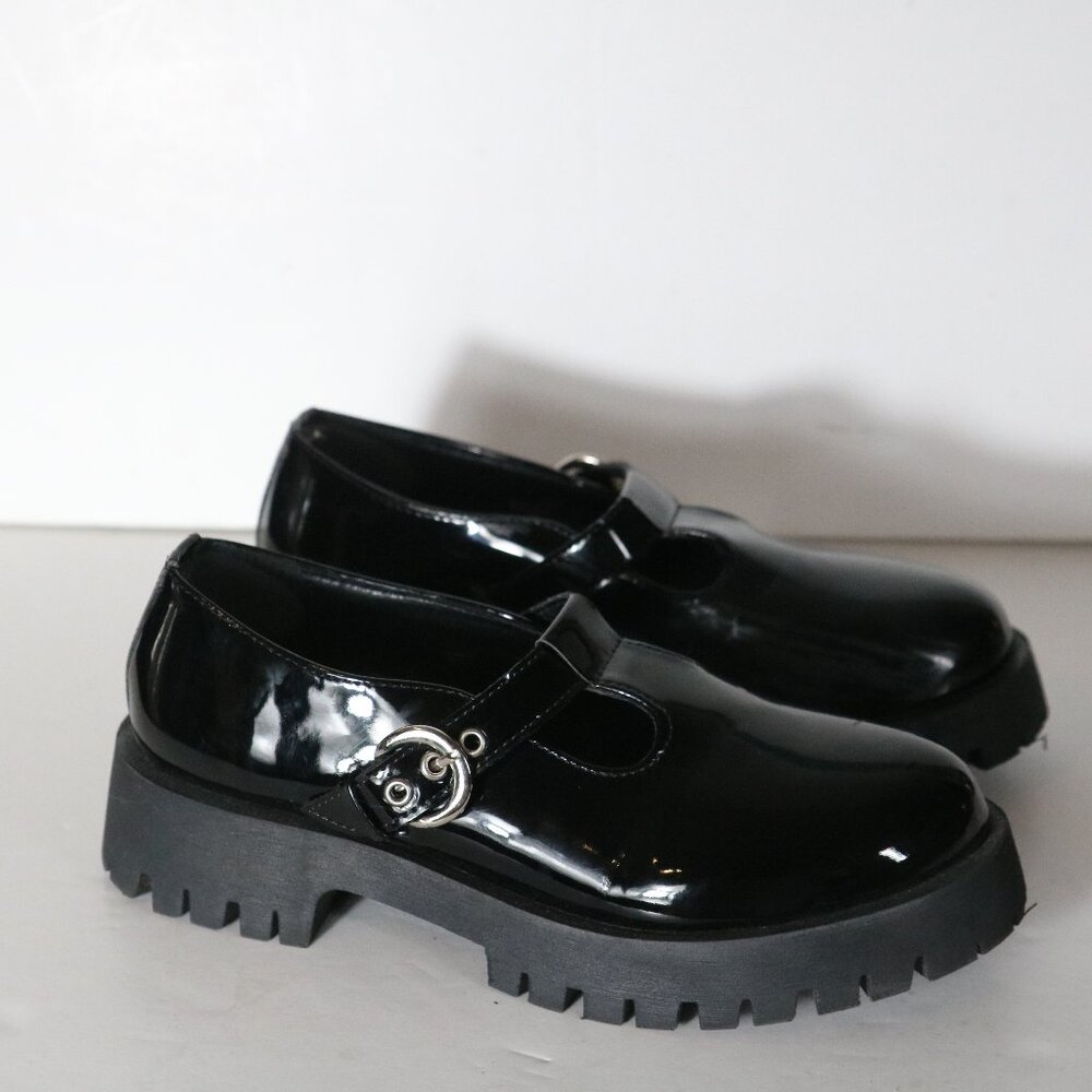Steve Madden Oler Patent Mary Jane Lug Sole Loafers 7.5 Chunky Black Shoes